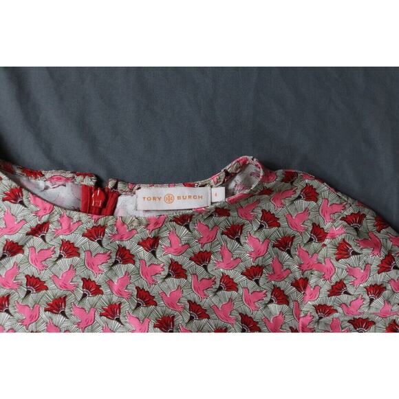 Tory Burch Top Womens Sz 4 Multi Dove Lotus Floral Print Silk Gazar Lined Zip - Picture 5 of 10
